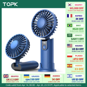 TOPK 5000mAh Mini Portable Fan USB Rechargeable Hand Held Fan,Small Pocket Fan 3 Speeds with Lanyard &Base,USB Desk Fan Foldable