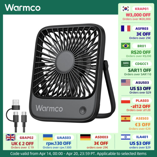 Warmco Mini USB Desk Fans Portable USB-C Desktop Cooling Fan 3-Speed Adjustable 180° Rotation Quiet Small Personal Fan for Home