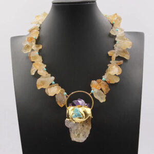 GG Natural Yellow Citrine Topaz Rough Nugget Necklace Gold Plated Amethyst Turquoise Pendant Handmade For Women