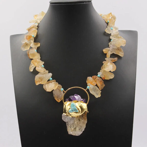 GG Natural Yellow Citrine Topaz Rough Nugget Necklace Gold Plated Amethyst Turquoise Pendant Handmade For Women