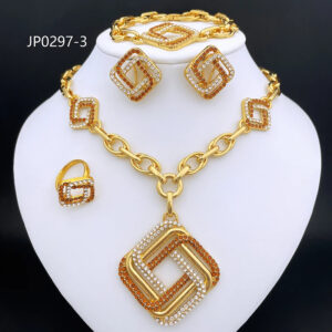 Dubai 18K Gold Plated Jewelry Set For Women Classic Design Square Pendant Necklace Earrings Bracelet And Ring 4PCS Set Jewelry