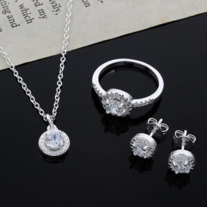 Vintage 925 Silver Needle Original Jewelry Set Round Shape Pendant Necklace Stud Earring Ring For Women Excellent Wedding Gift