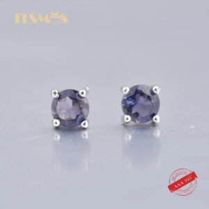 ITSMOS Iolite Earrings Round S925 Sterling Silver 4mm Natural Lolite Gemstone Earrings Studs for Women Preciosity Jewelry