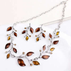 New Vintage Short Choker Leaf Necklace and Earrings Plant Branch Crystal Jewelry Set 2 Pcs Leaves Enamel Jewelry Sets for Women