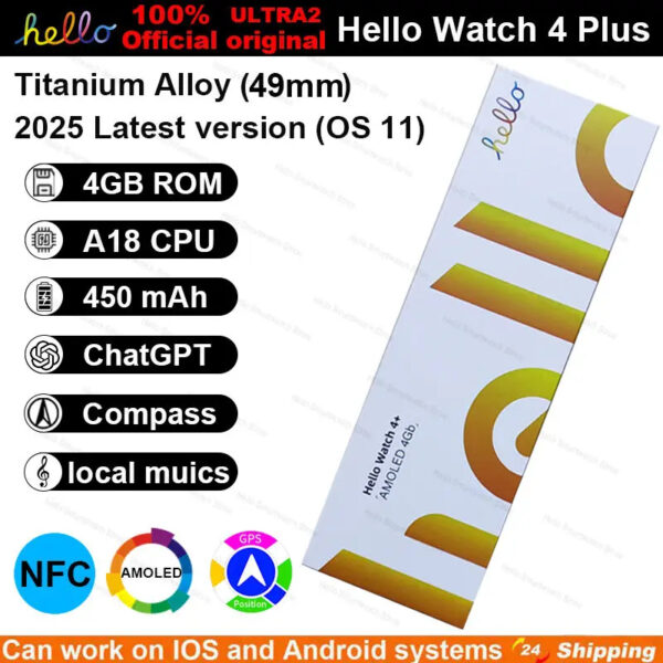 Hello Watch 3 Plus Upgraded 4 Plus Ultra2 Smartwatch 2025 49mm 4G ROM NFC GPT GPS Compass Clock Bluetooth Call Smart Watch Men