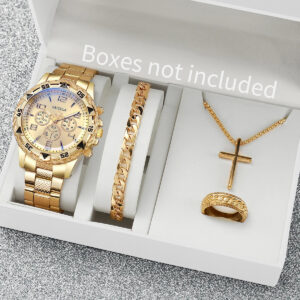 4PCS/Set Fashion Men&apos;s Watch Casual Gold Steel Band Analog Male Quartz Watches Jewelry Set（Without Box）