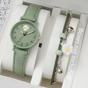 Fashion 2pcs/set Women&apos;s Daisy Dial Leather Watch&Green Flower Bracelet