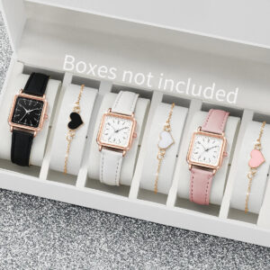 6PCs/Set Women&apos;s Fashion Watch Square Simple Dial Leather Quartz Watch with Love Bracelet Set