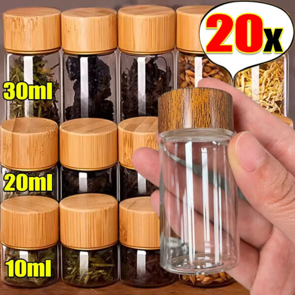 20/1PCS Mini Glass Bottles Wood Lid Transparent Tea Coffee Beans Storage Container Kitchen Sealed Canister Small Spice Jars