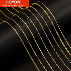 HOYON Pure 14k Gold Plated Necklace Women&apos;s Neck Collar Real Gold Box/ O Cross/ Snake Bone/Water Wave/Clavicle Chain Jewelry