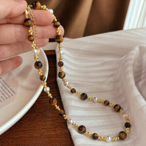 Natural Tiger Eye Stone Pearl Jewelry Set for Women Indian Style Necklaces and Bracelets Handmade Ethnic Accessories